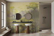 Papel de parede mural Neblina Verde com paisagem enevoada numa casa de banho com dois lavatórios e duche