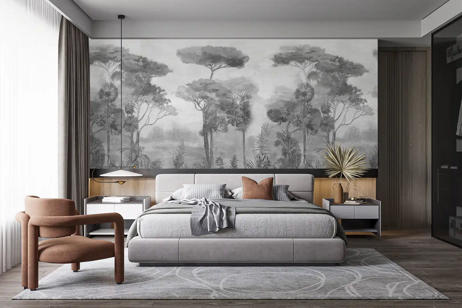 Forêt tropicale aquarelle en noir et blanc